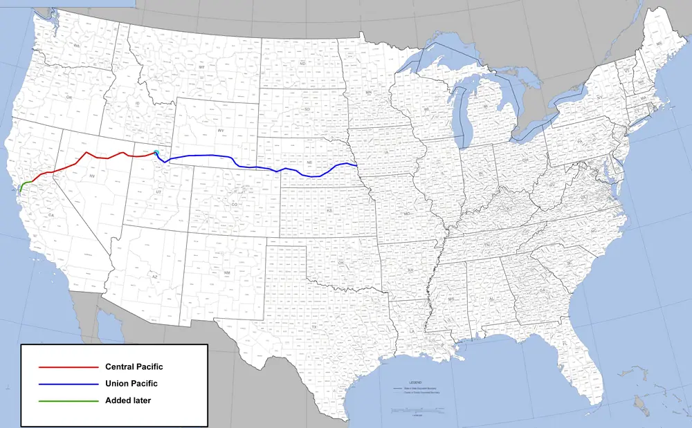Die erste transkontinentale Eisenbahnlinie in den Vereinigten Staaten wird fertiggestellt — Promontory Summit, Utah
