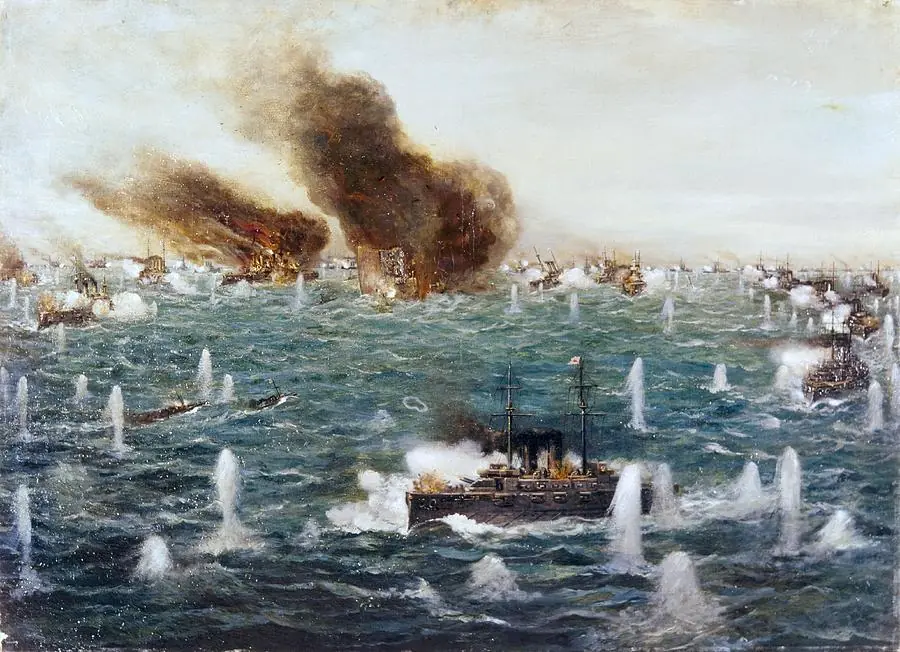 Die japanische Flotte besiegte die russische Flotte in der Schlacht von Tsushima — Tsushima Strait, Japan