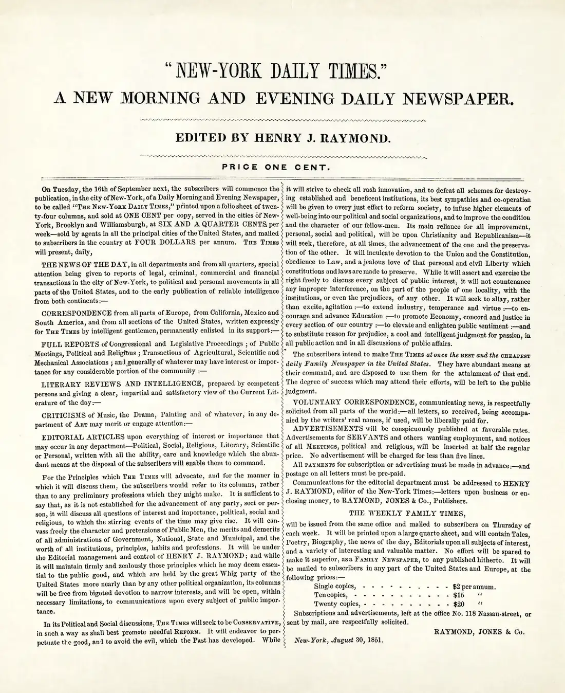 The New‑York Daily Times Issues Its First Edition, Birth of a Global Newspaper — New York City, USA