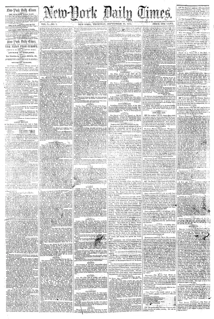 The New‑York Daily Times Issues Its First Edition, Birth of a Global Newspaper — New York City, USA