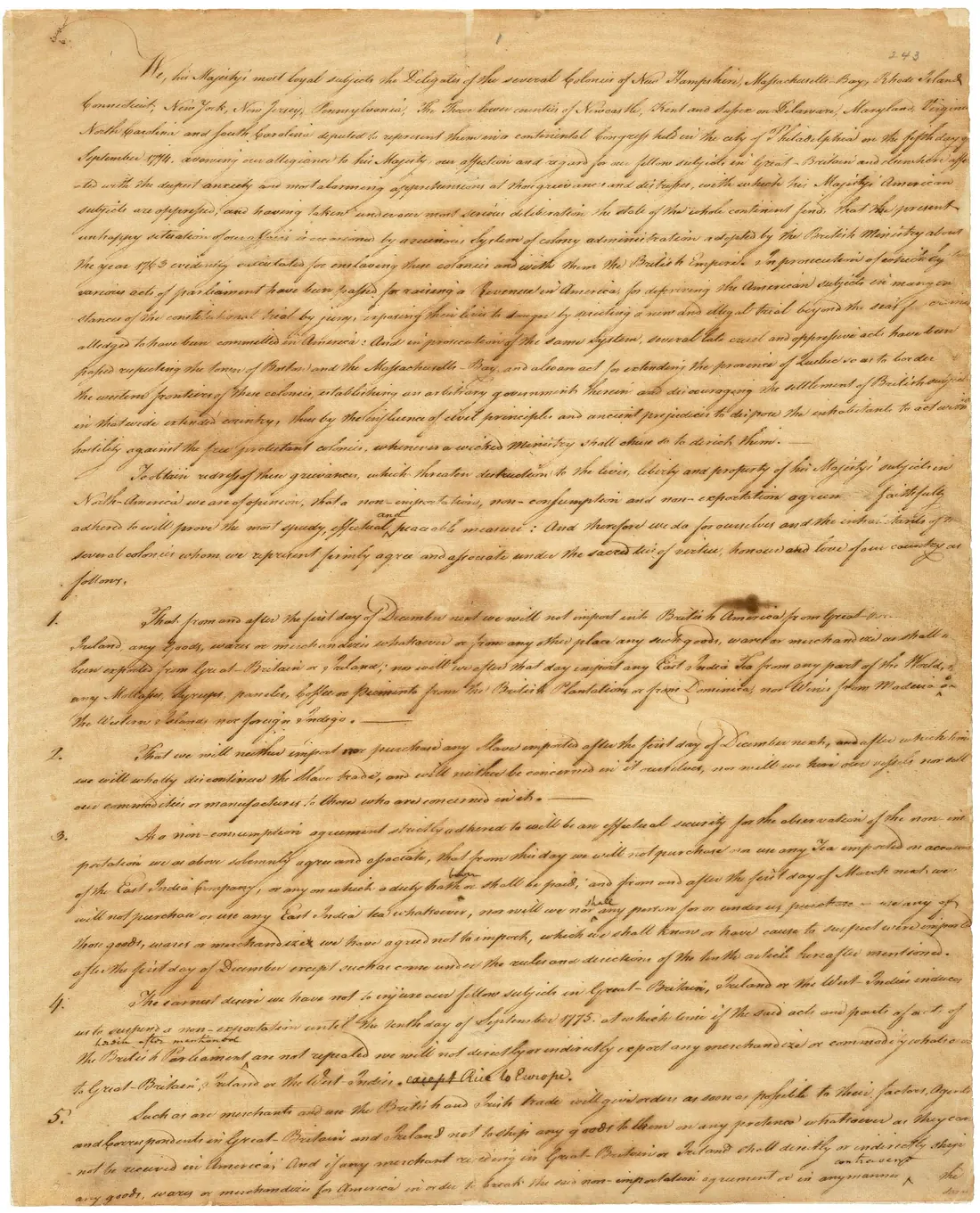 First Continental Congress Adopts Continental Association Boycott — Philadelphia, Pennsylvania, USA